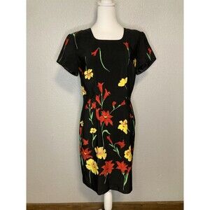 Y2K Vintage Sheath Dress Women’s 5/6 Black Floral Zip Short Sleeve Square Neck